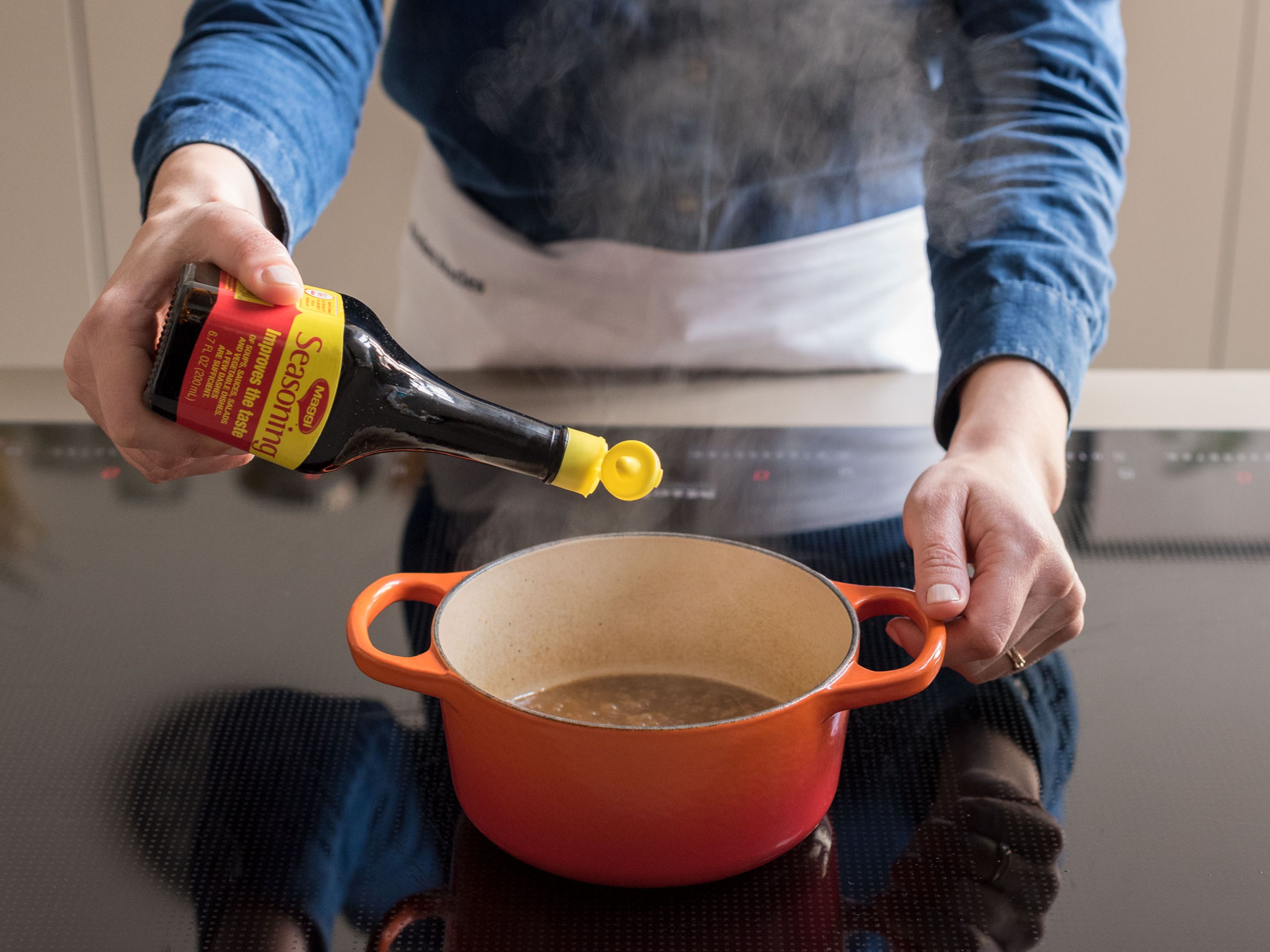 Bring drippings to a boil over medium-high heat. Boil, stirring occasionally, for approx. 10 min., or until reduced to half. Season with a splash of seasoning sauce.