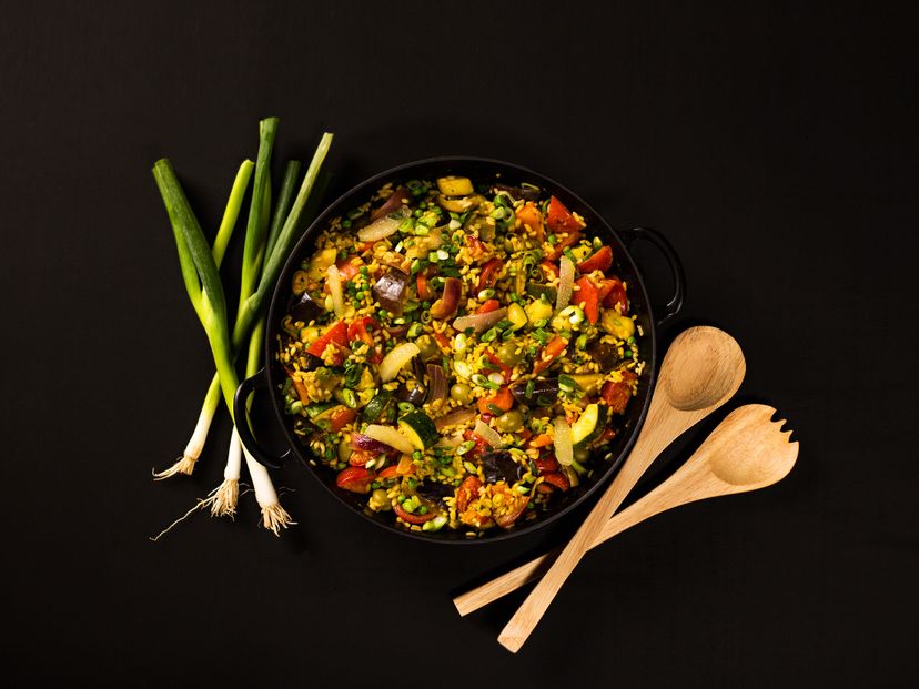 Veggie paella with zucchini and eggplant