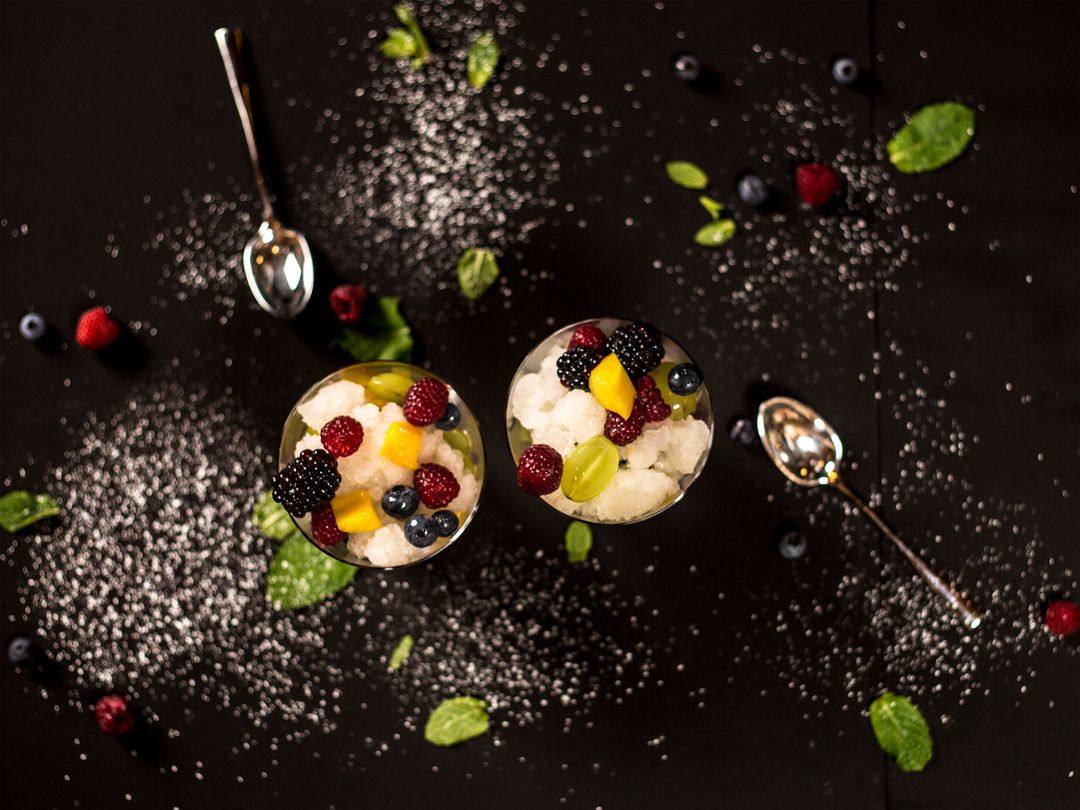 Fruit salad with basil-tarragon granita