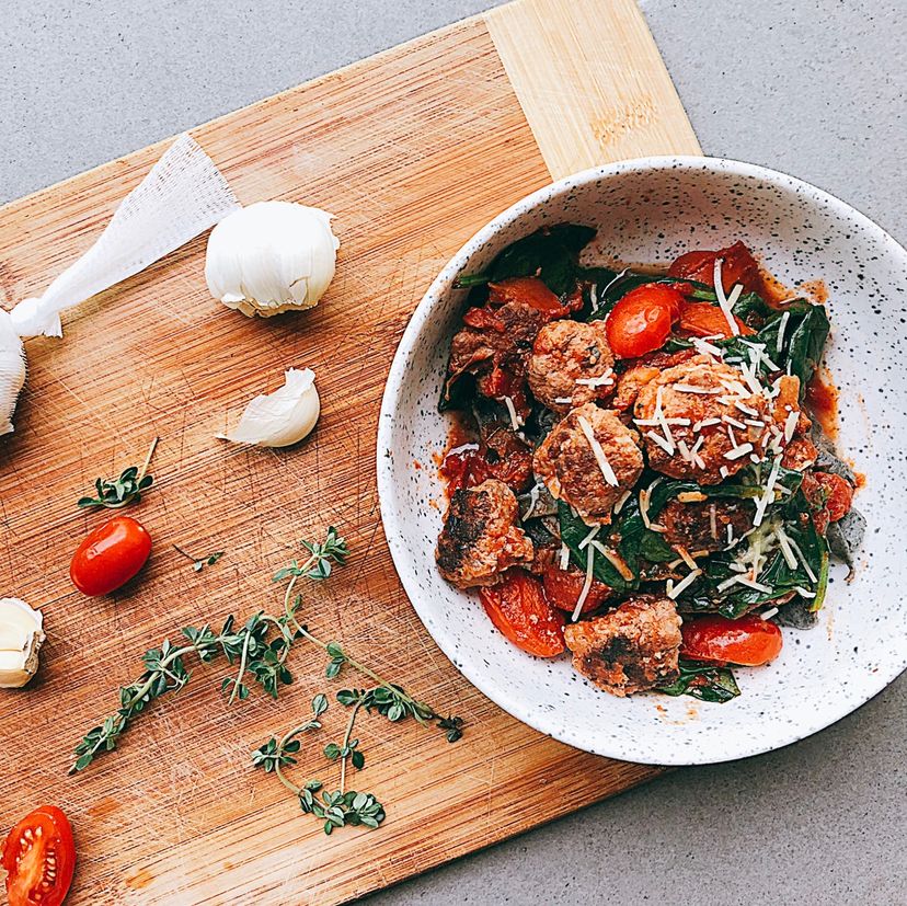 Beef meatballs with organic black bean fettuccine