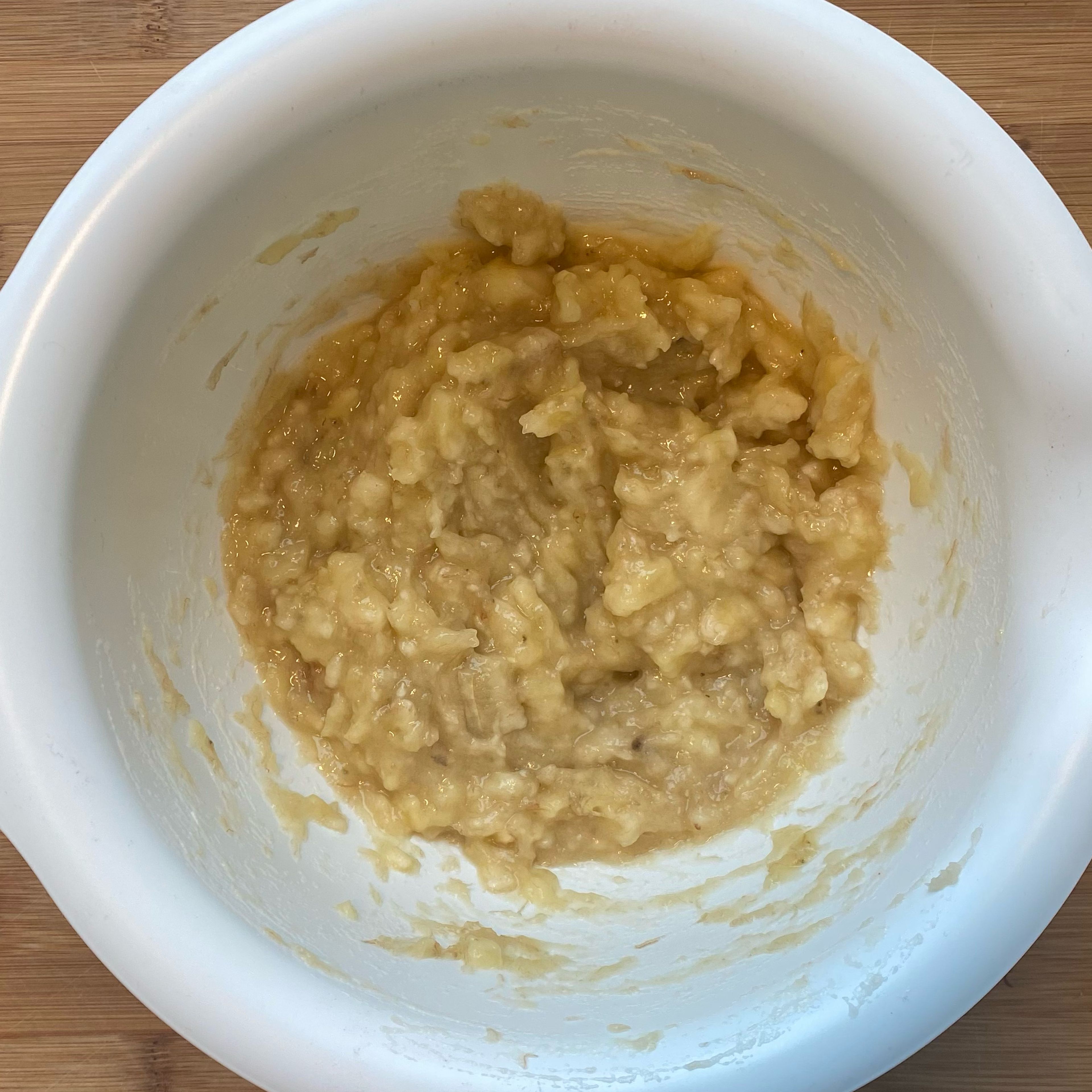 Peel the bananas (save one for later) and smash with a fork. You can leave some banana chunks if you like.