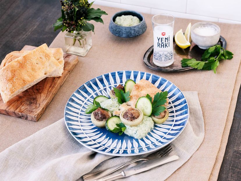 Meatballs with cucumber yogurt dip