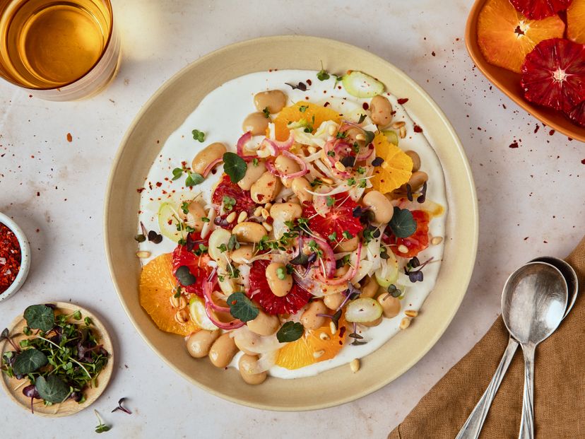 Tangy butter bean salad on whipped feta