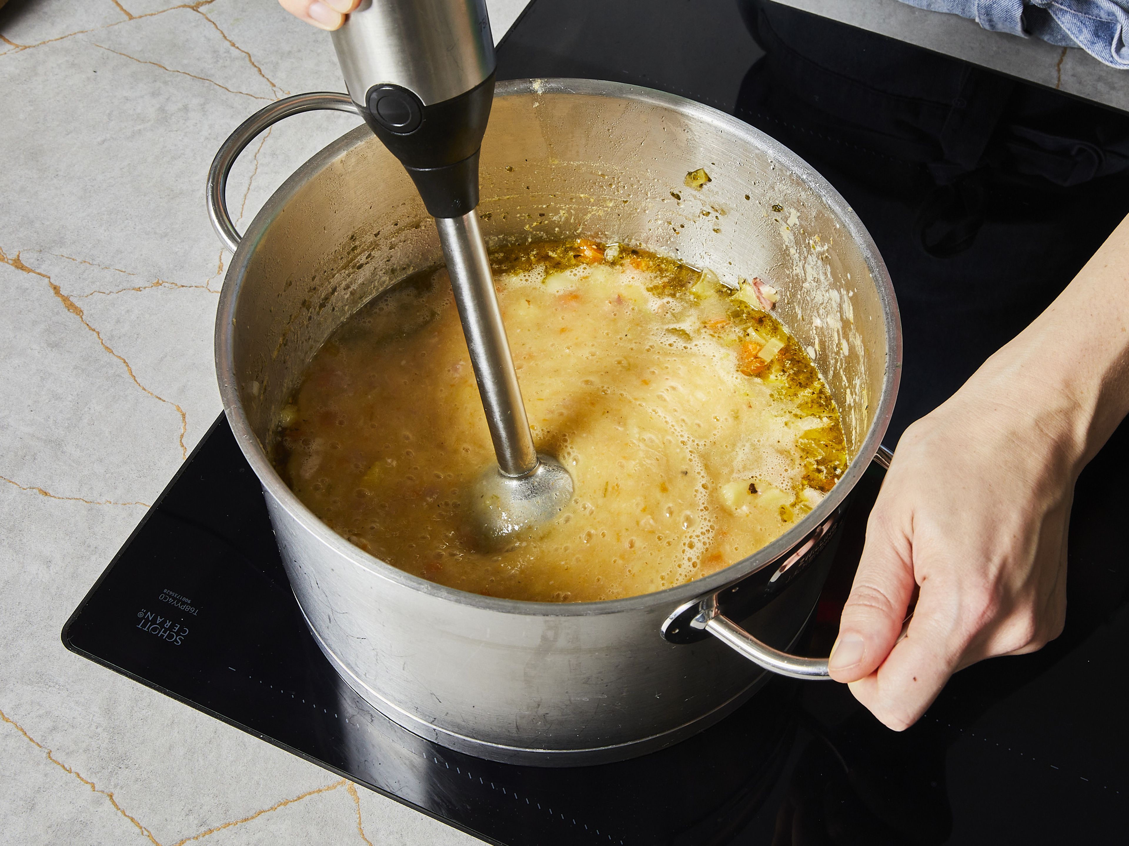 Remove about a third of all the cooked vegetables and set aside, then use an immersion blender to purée the rest in the pot. Put previously removed vegetables back, and add mustard, pepper, nutmeg, and Vienna sausage slices. Leave to simmer for approx.10 min. Serve soup with some chopped parsley sprinkled on top. Enjoy!