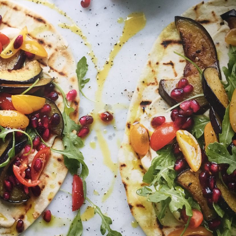 Fried Aubergine, Pomegranate and Hummus Flatbreads