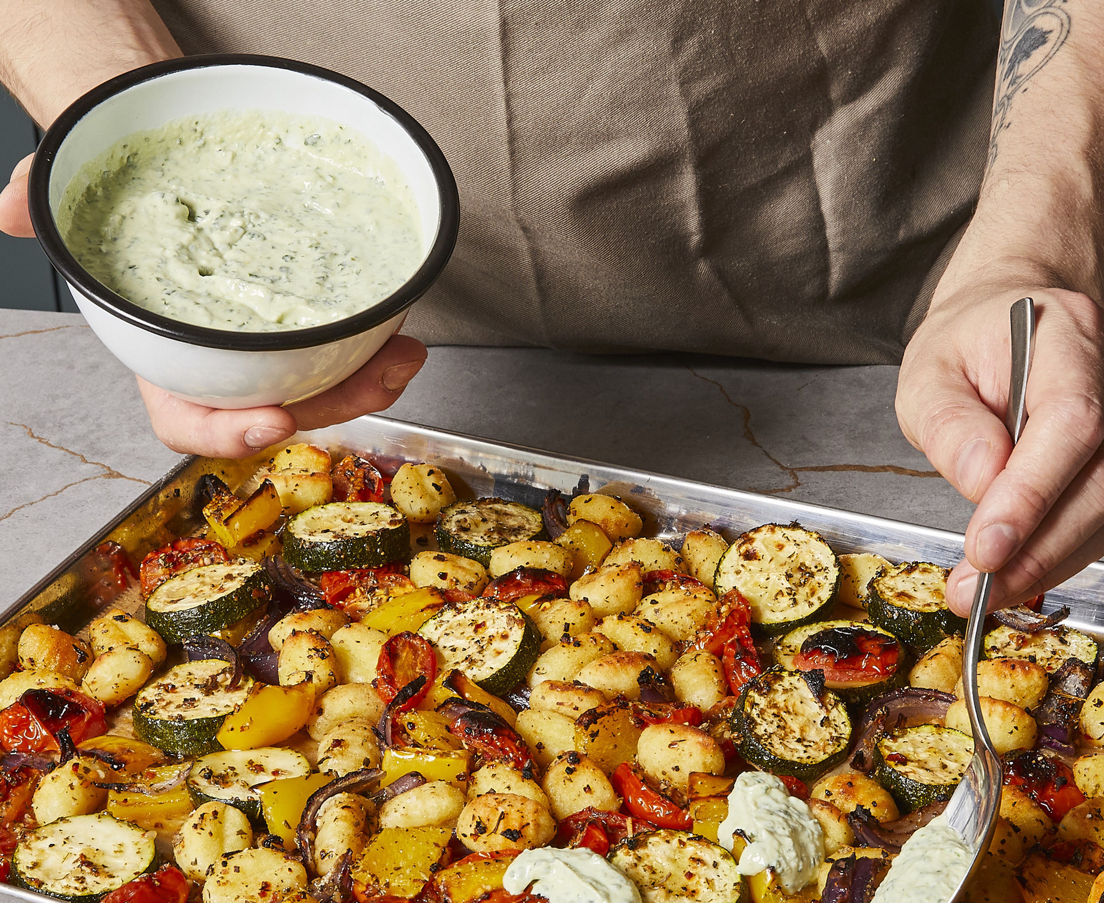 Once the vegetables are done baking, take the liner out from the air fryer and let it cool briefly. Serve directly from the liner with the basil ricotta dip. Sprinkle with Parmesan cheese if desired.