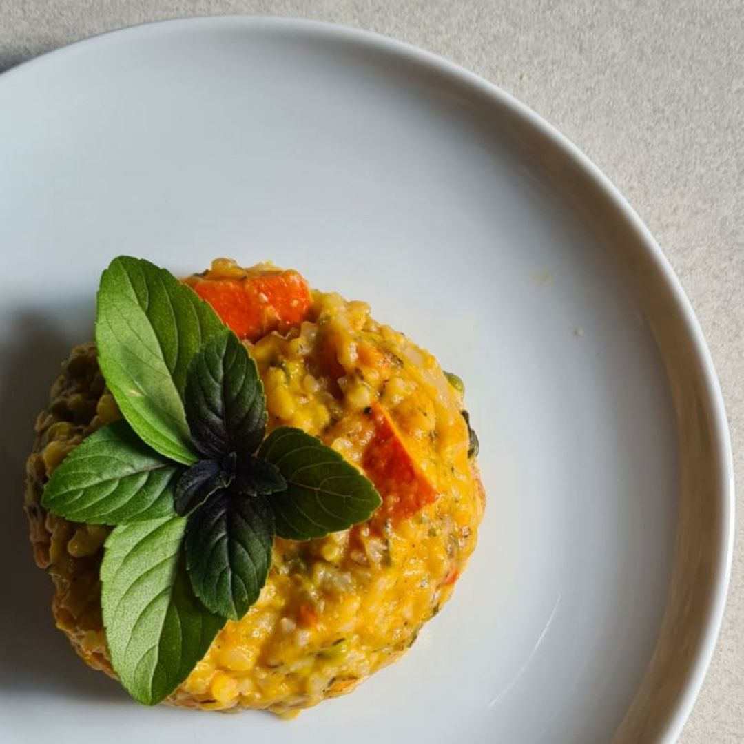 Kürbisrisotto mit Erbsen, Basilikum und Parmesan