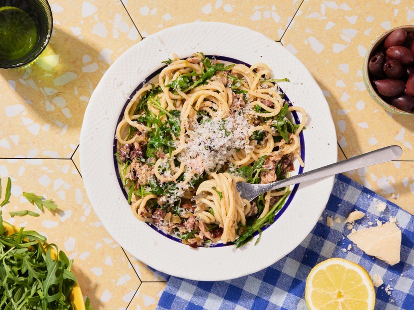 Chopped pantry pasta with olives, capers, and tuna